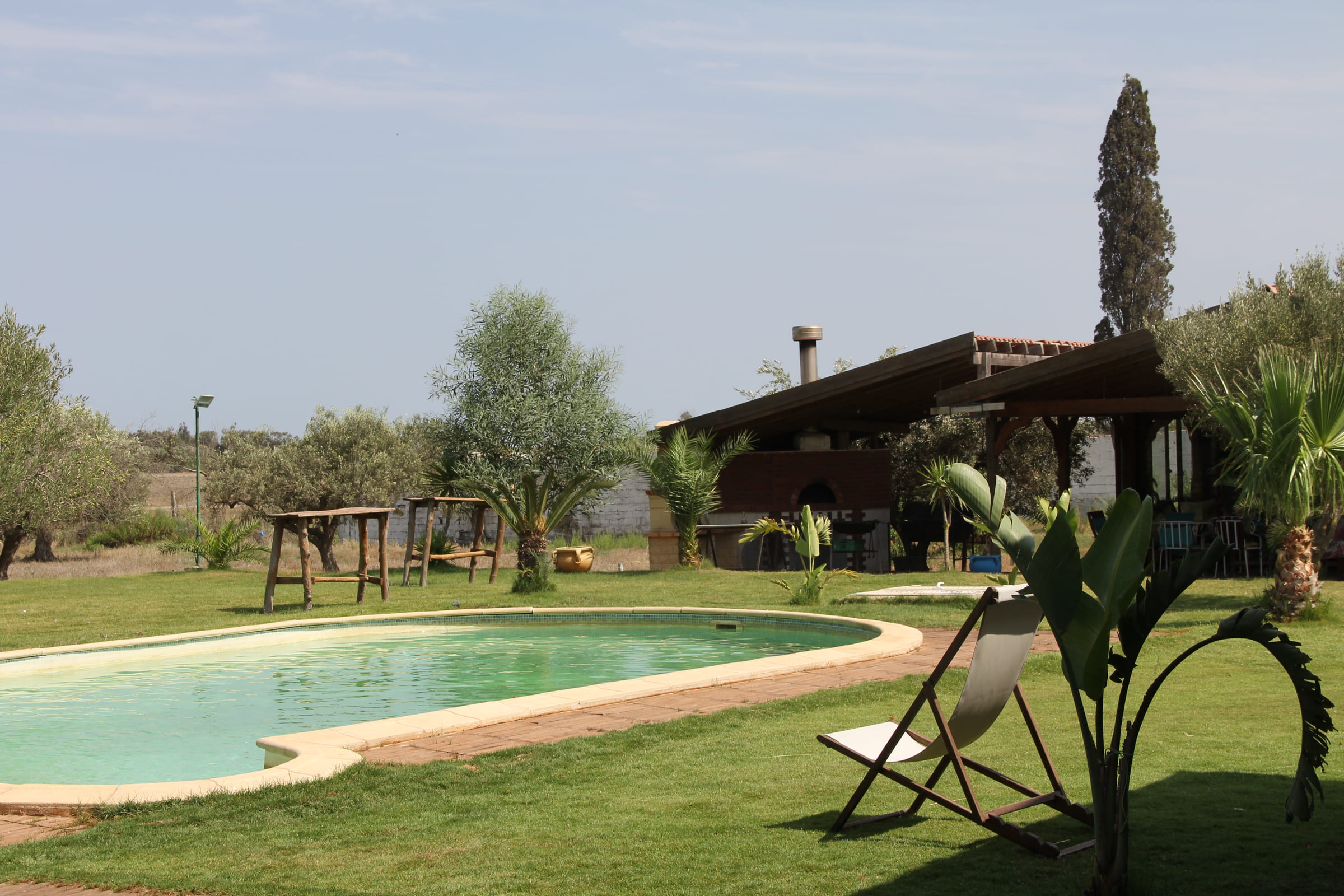 Le chalet vu du jardin, entre cyprès et palmiers, avec la piscine au premier plan